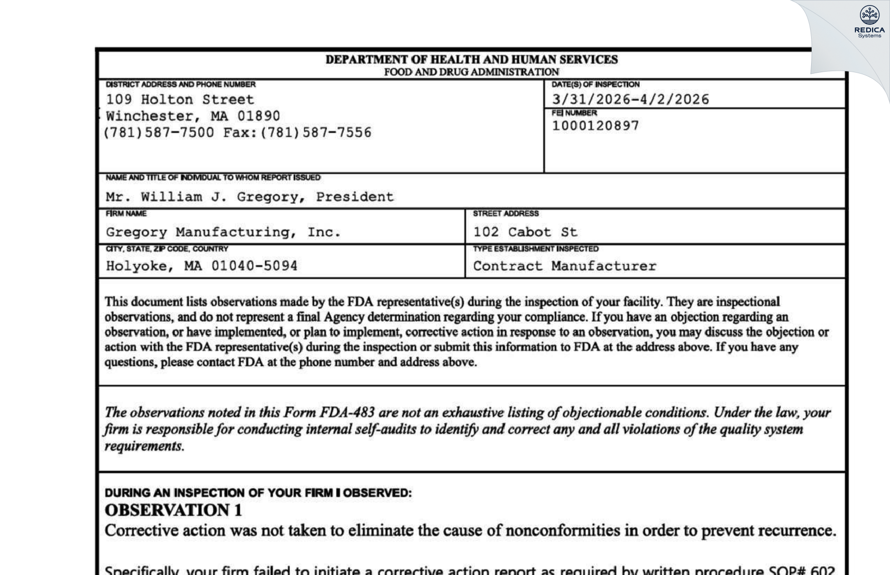 FDA 483 - Gregory Manufacturing, Inc. [Holyoke / United States of America] - Download PDF - Redica Systems