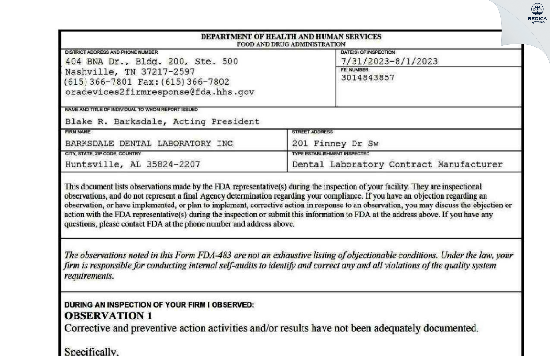 FDA 483 - BARKSDALE DENTAL LABORATORY INC [Huntsville / United States of America] - Download PDF - Redica Systems