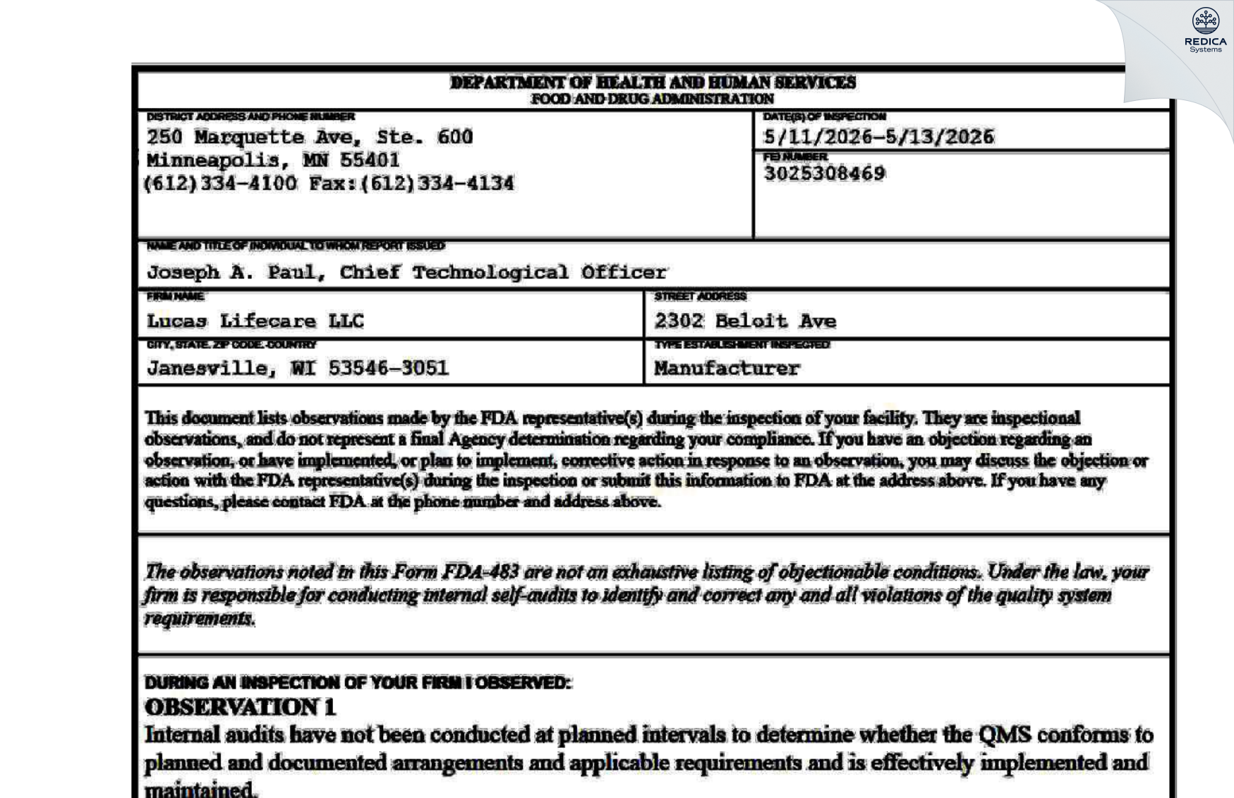 FDA 483 - LUCAS LIFECARE, LLC [Janesville / United States of America] - Download PDF - Redica Systems