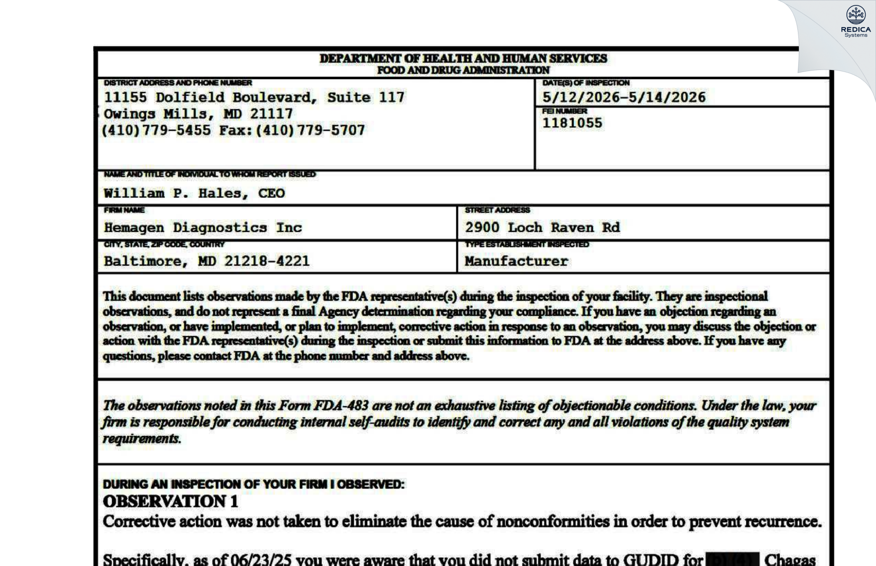 FDA 483 - Hemagen Diagnostics Inc [Baltimore / United States of America] - Download PDF - Redica Systems