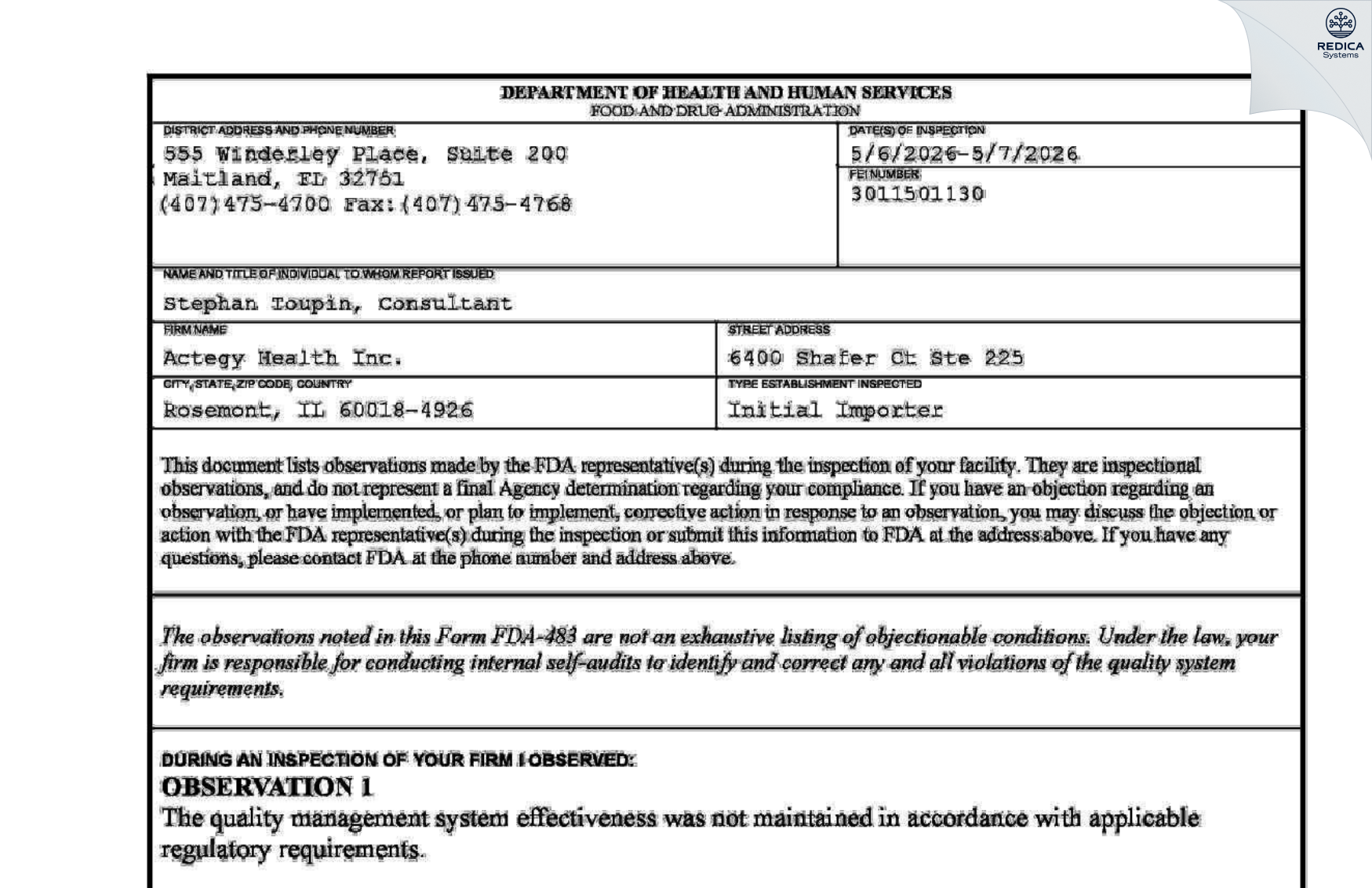 FDA 483 - Actegy Health Inc. [Rosemont / United States of America] - Download PDF - Redica Systems