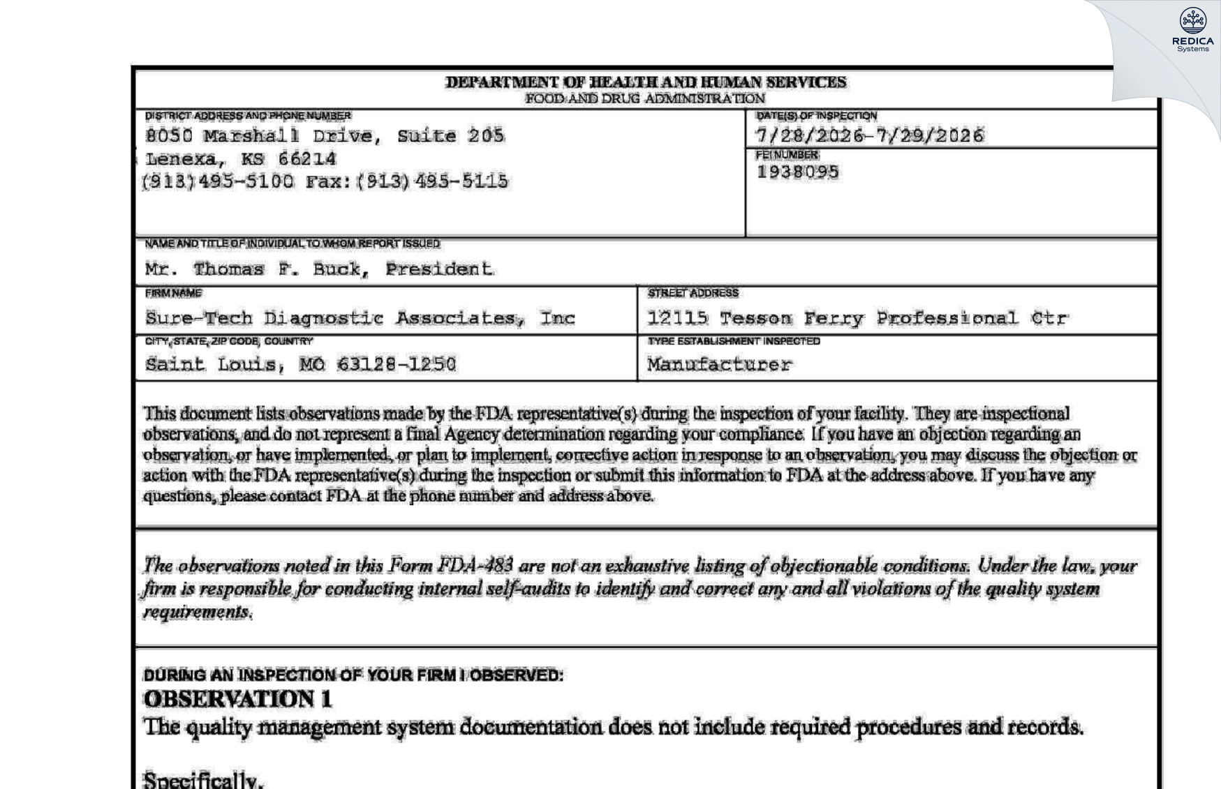 FDA 483 - Sure-Tech Diagnostic Associates, Inc [Saint Louis / United States of America] - Download PDF - Redica Systems