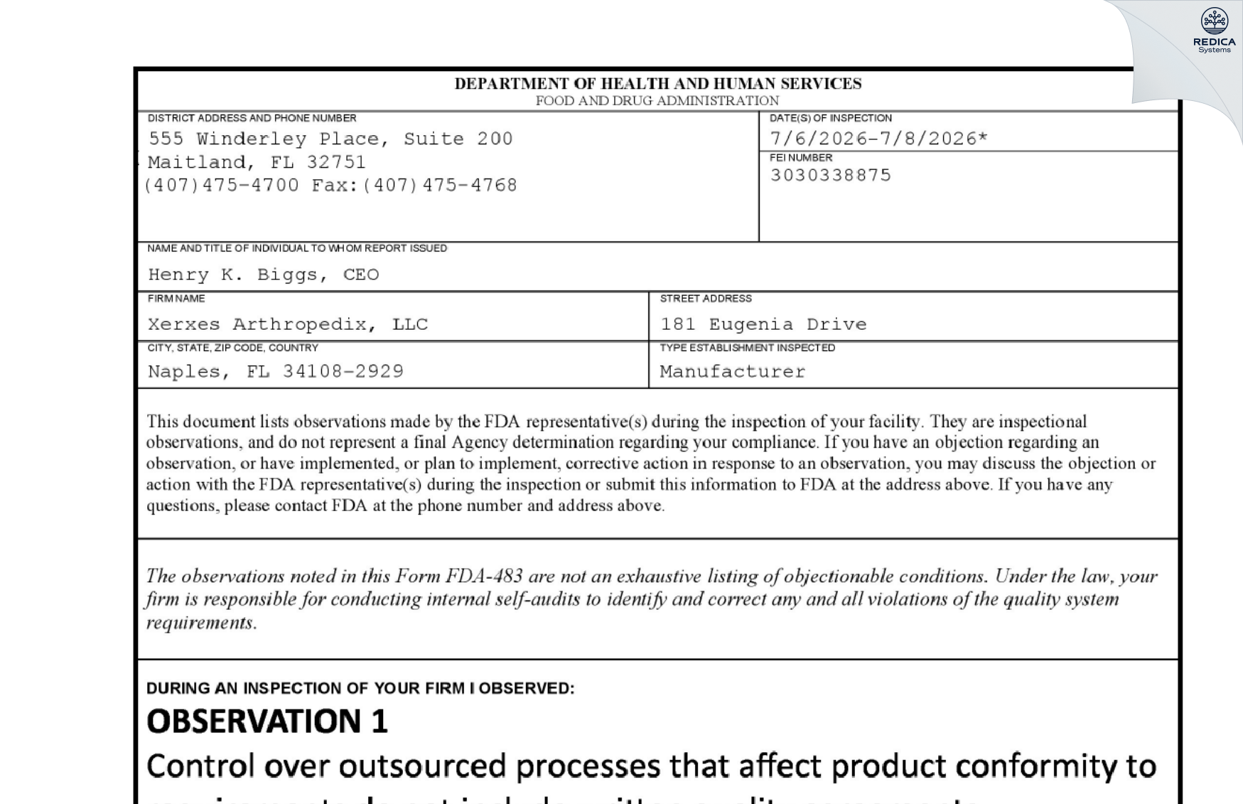 FDA 483 - XERXES ARTHROPEDIX [Naples / United States of America] - Download PDF - Redica Systems