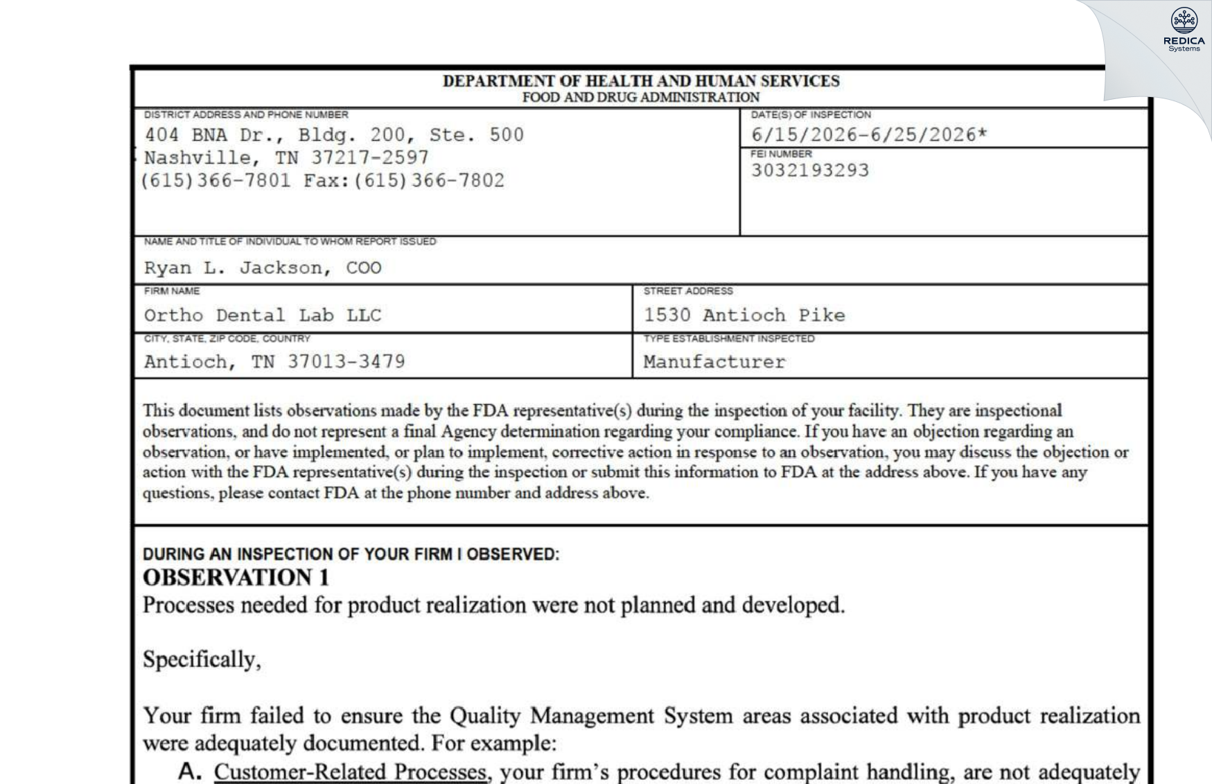 FDA 483 - ORTHO DENTAL LAB, LLC [Antioch / United States of America] - Download PDF - Redica Systems