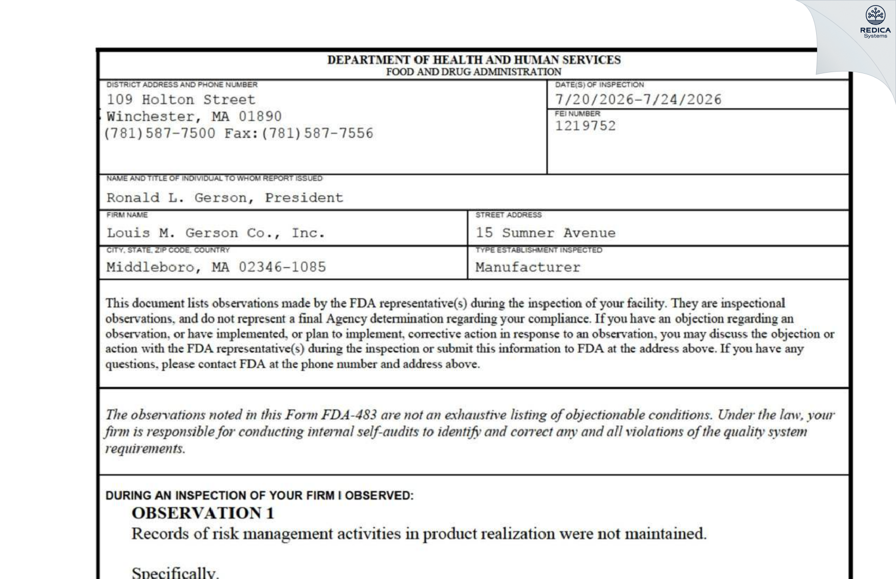 FDA 483 - Louis M. Gerson Co., Inc. [Middleboro / United States of America] - Download PDF - Redica Systems
