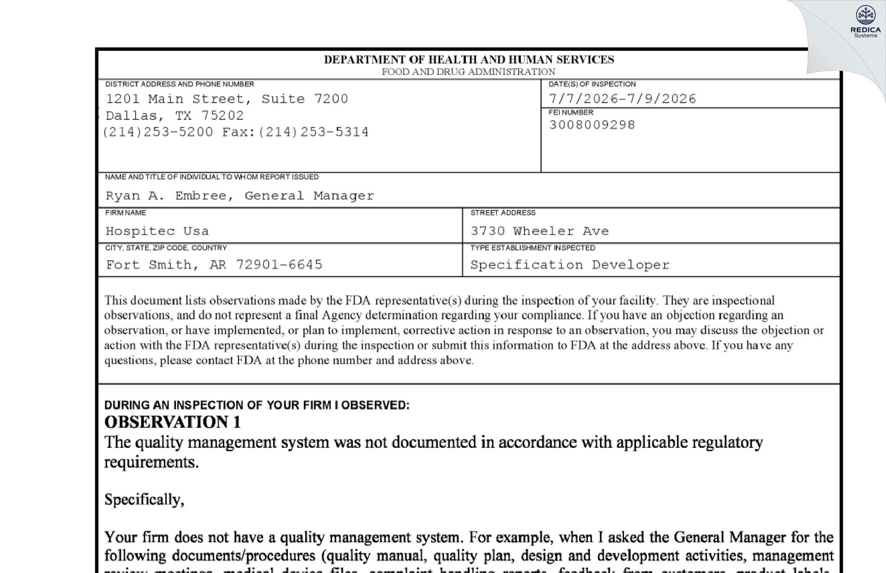 FDA 483 - Hospitec Usa [Fort Smith / United States of America] - Download PDF - Redica Systems