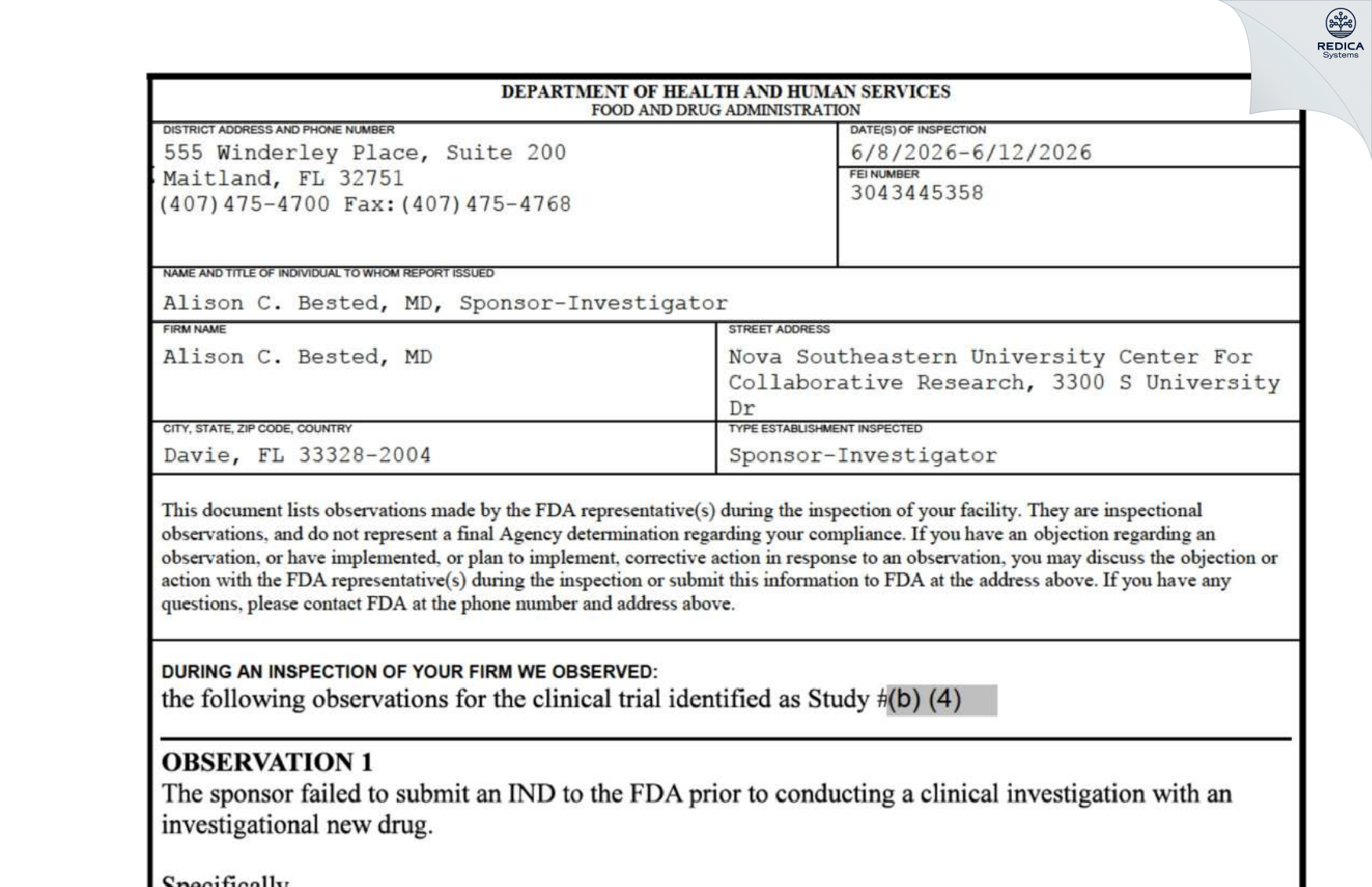 FDA 483 - Alison C. Bested, MD [Ft Lauderdale / United States of America] - Download PDF - Redica Systems