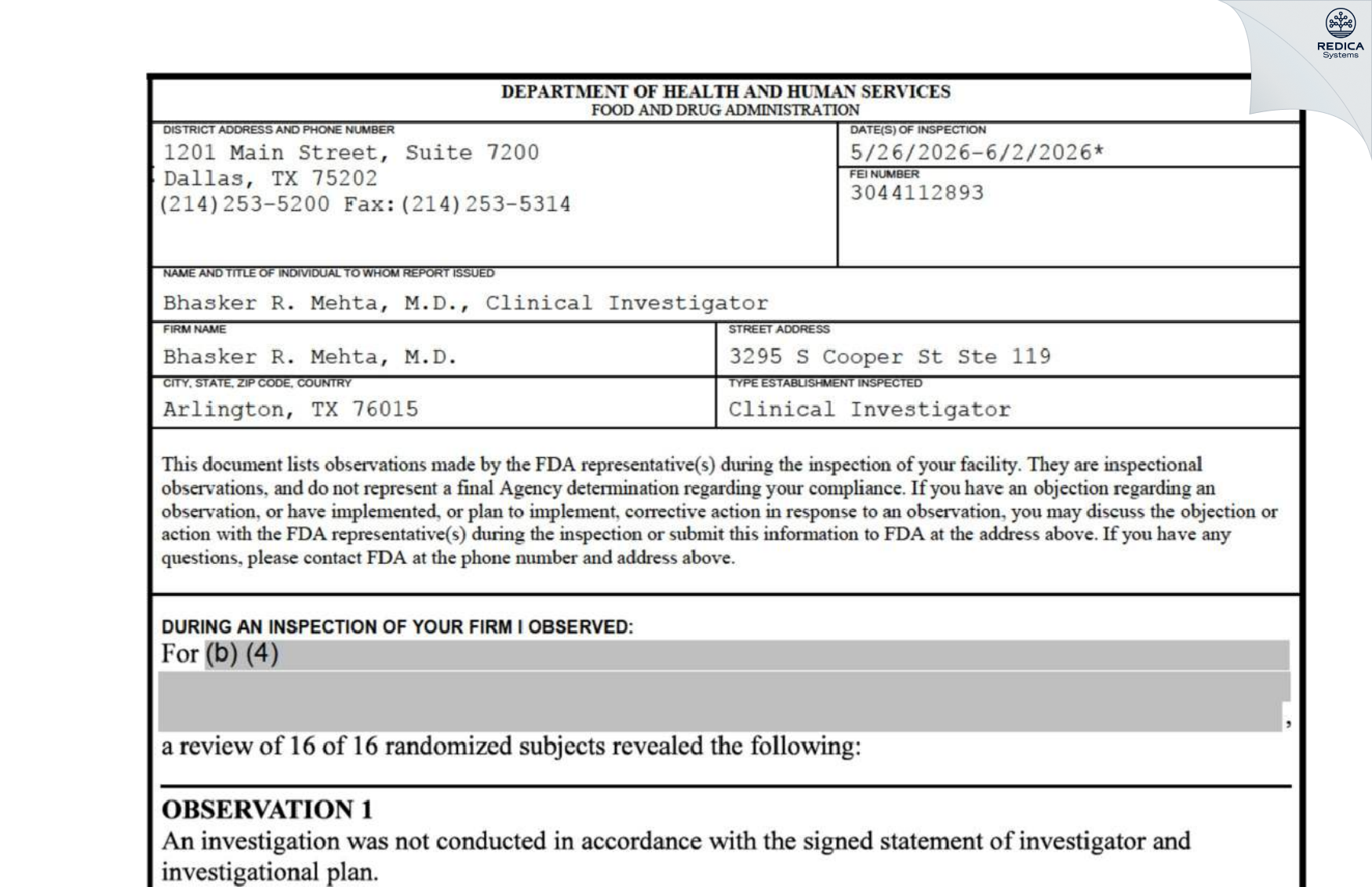 FDA 483 - Bhasker R. Mehta, M.D. [Arlington / United States of America] - Download PDF - Redica Systems