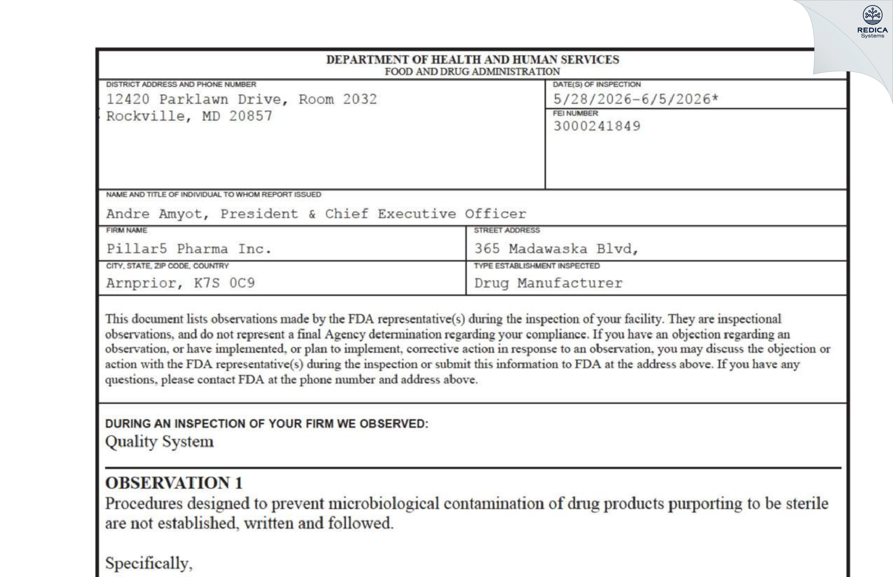 FDA 483 - Pillar5 Pharma Inc [Arnprior / Canada] - Download PDF - Redica Systems