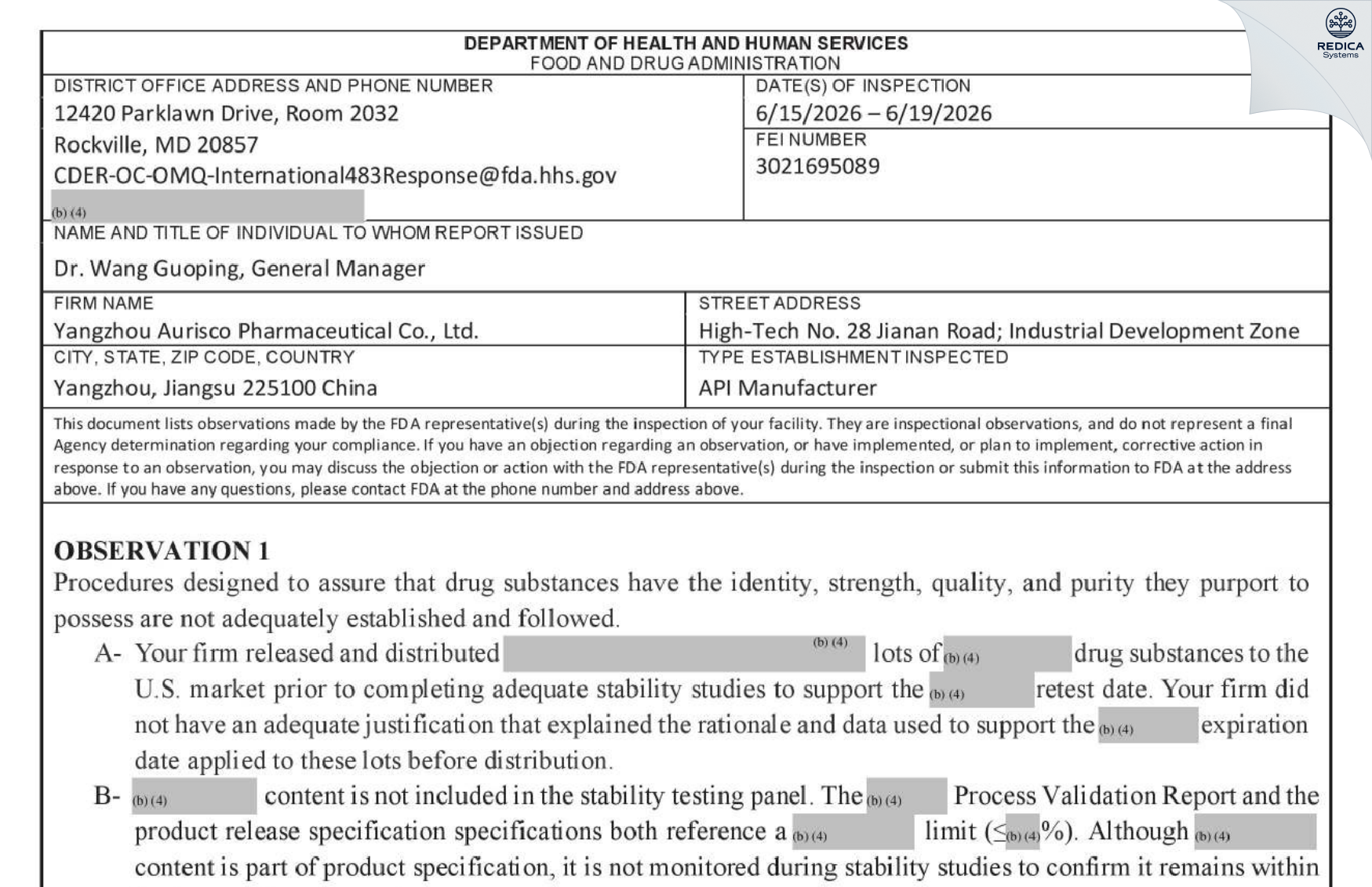 FDA 483 - YANGZHOU AURISCO PHARMACEUTICAL CO.,LTD [Yangzhou / China] - Download PDF - Redica Systems