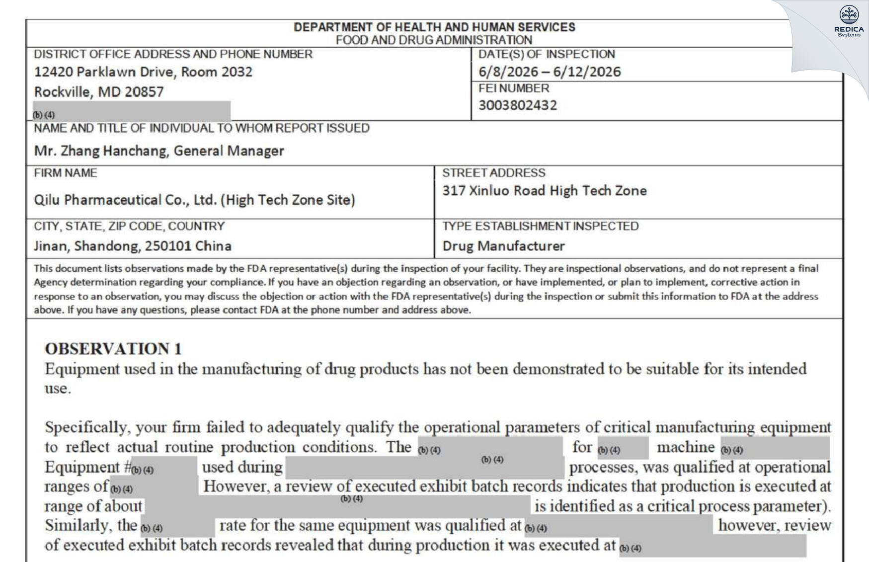 FDA 483 - Qilu Pharmaceutical Co., Ltd.(High Tech Zone Site) [Jinan / China] - Download PDF - Redica Systems