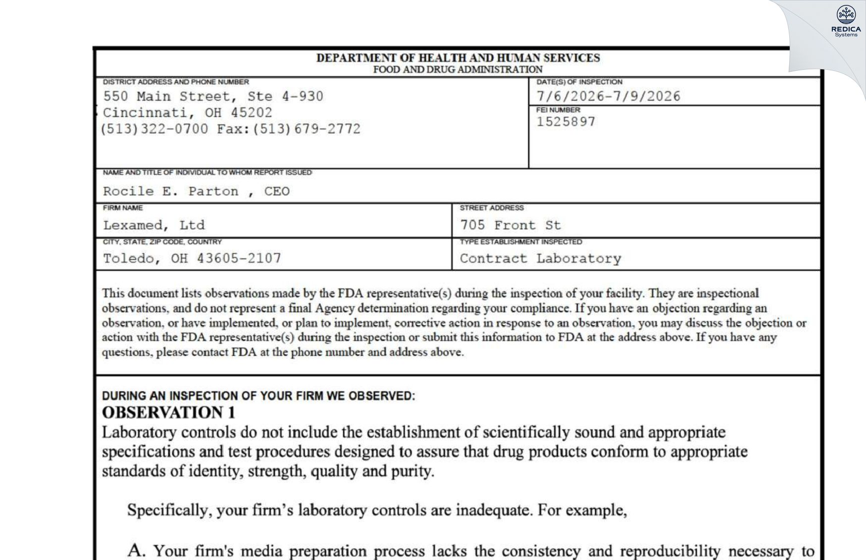 FDA 483 - LEXAMED [Toledo / United States of America] - Download PDF - Redica Systems