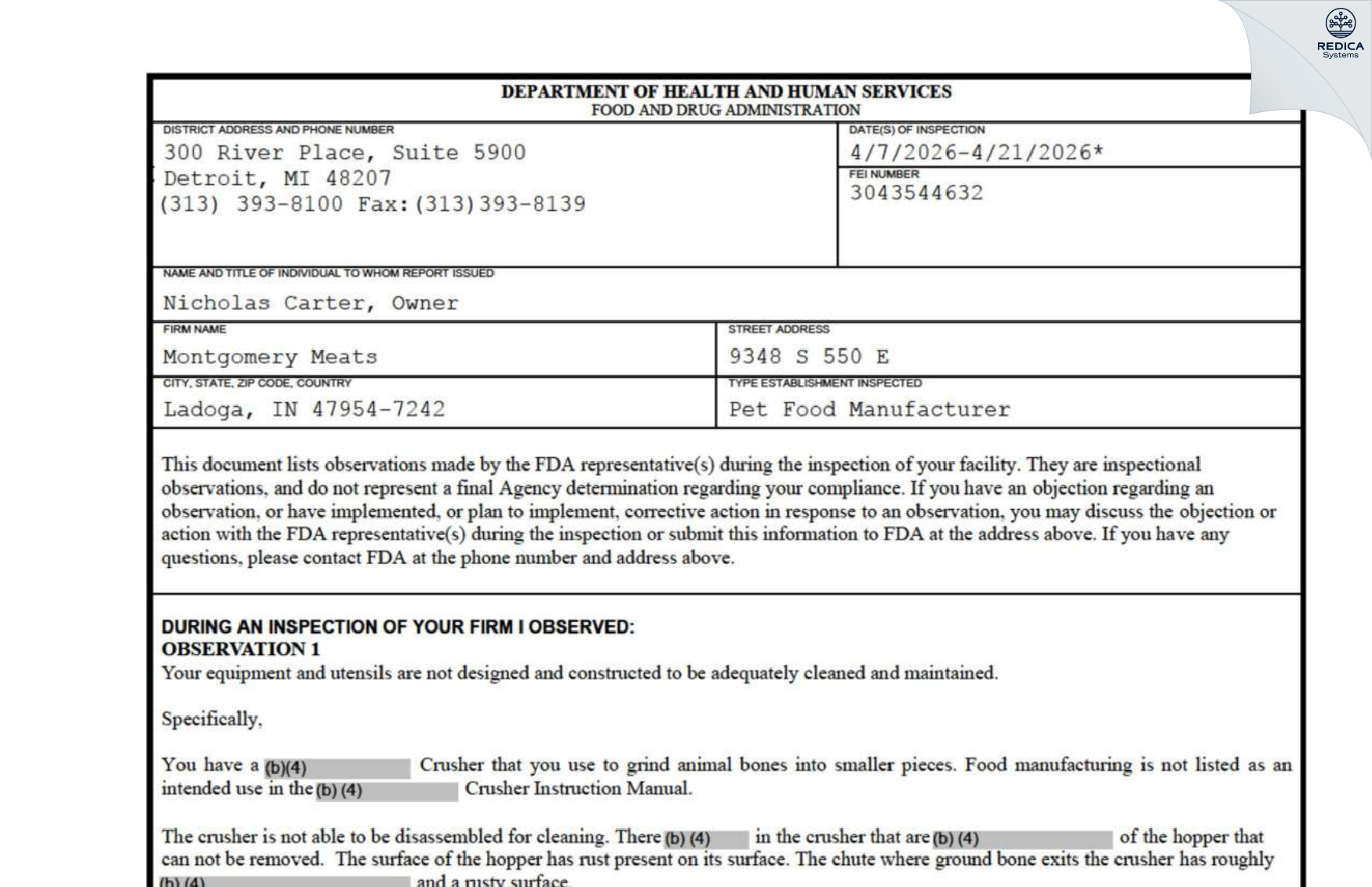 FDA 483 - Montgomery Meats [Ladoga / United States of America] - Download PDF - Redica Systems