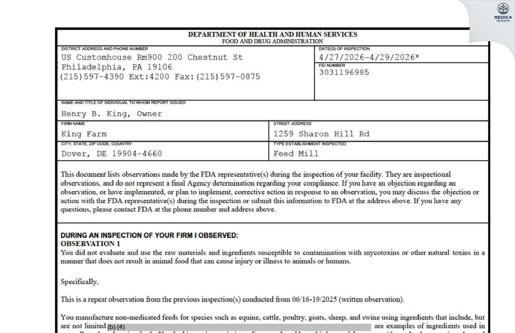 FDA 483 - KING FARM [Dover / United States of America] - Download PDF - Redica Systems