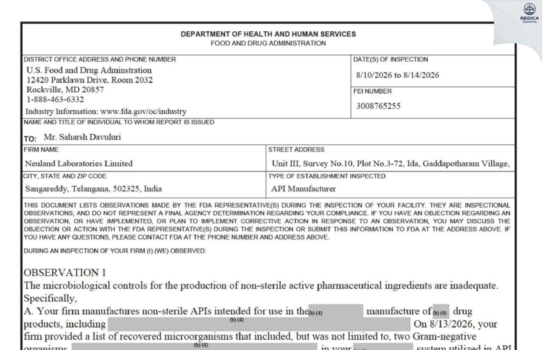FDA 483 - NEULAND LABORATORIES LIMITED [Jinnaram / India] - Download PDF - Redica Systems