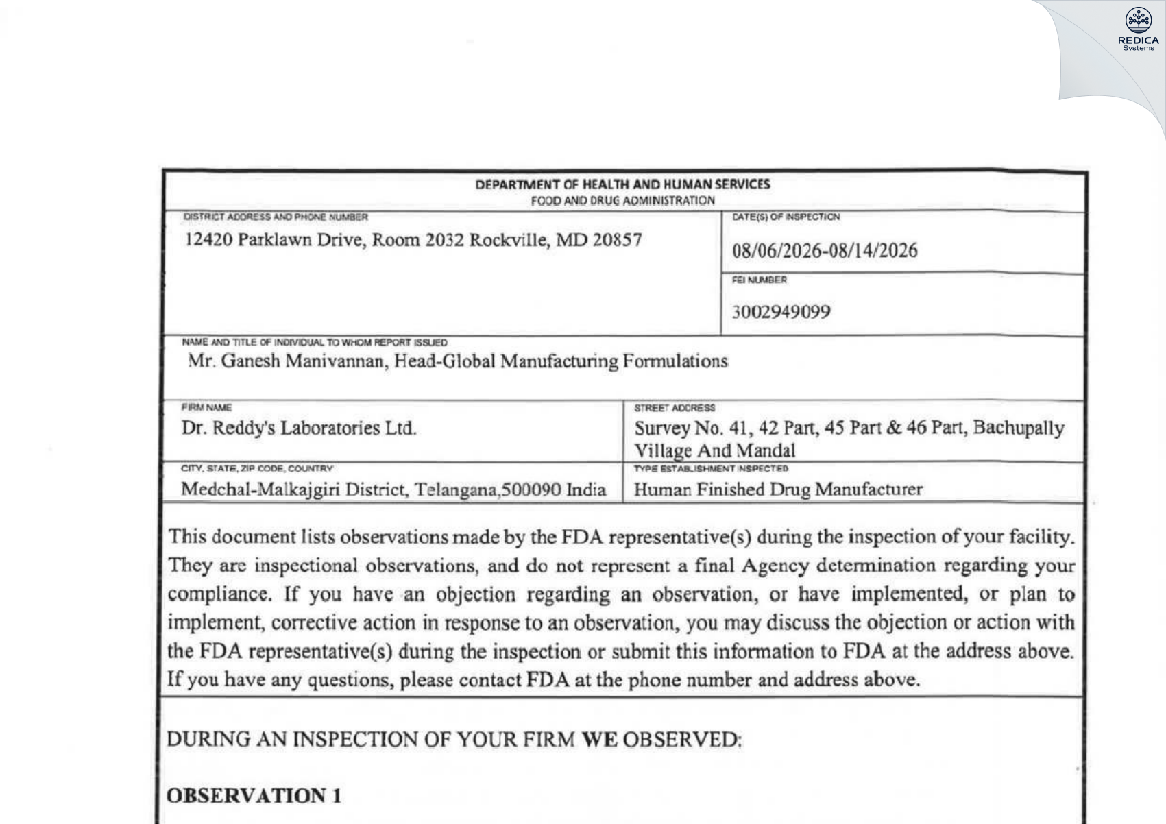 FDA 483 - DR REDDY'S LABORATORIES LIMITED [Hyderabad / India] - Download PDF - Redica Systems