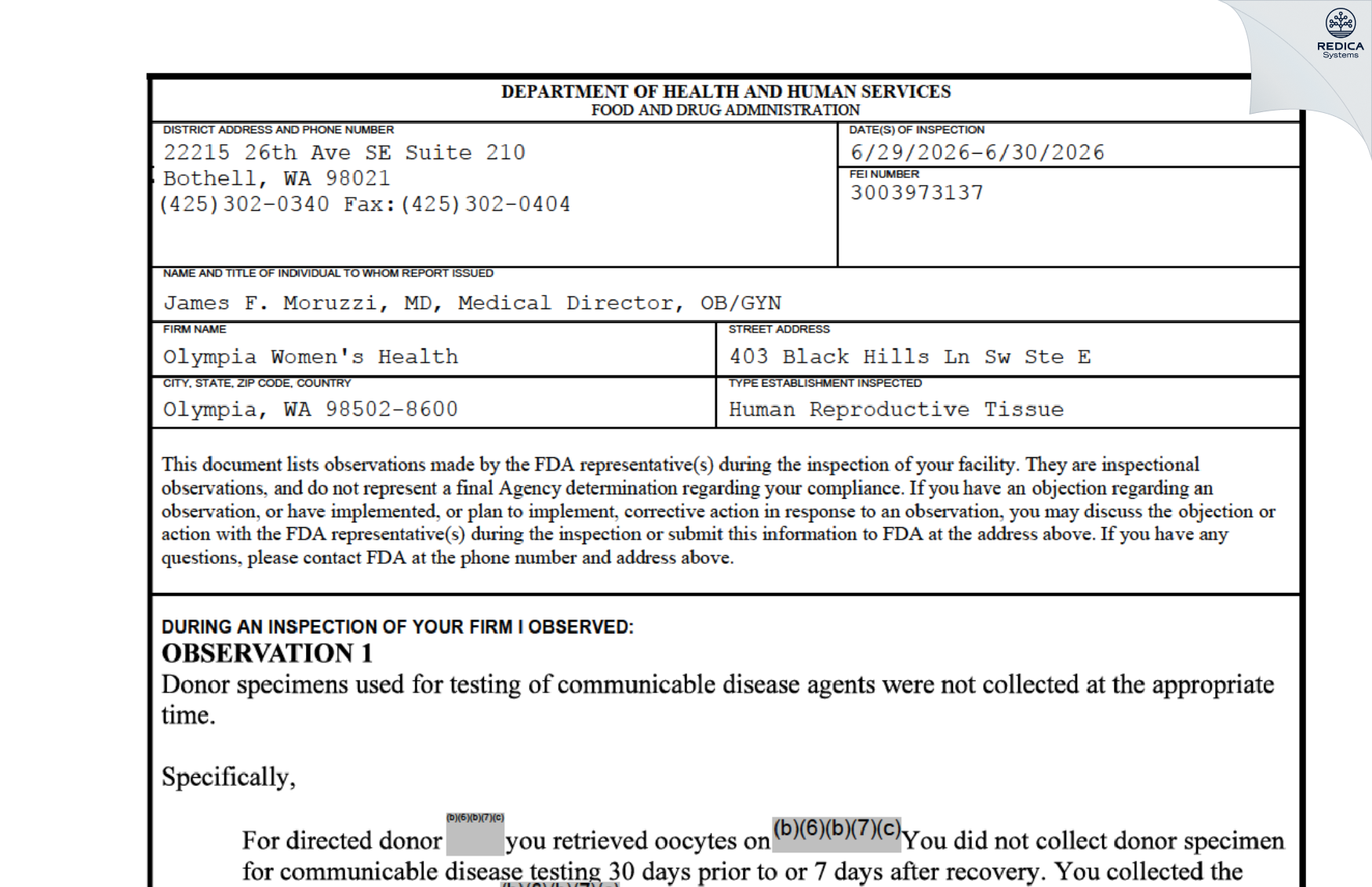 FDA 483 - Olympia Women's Health [Olympia / United States of America] - Download PDF - Redica Systems