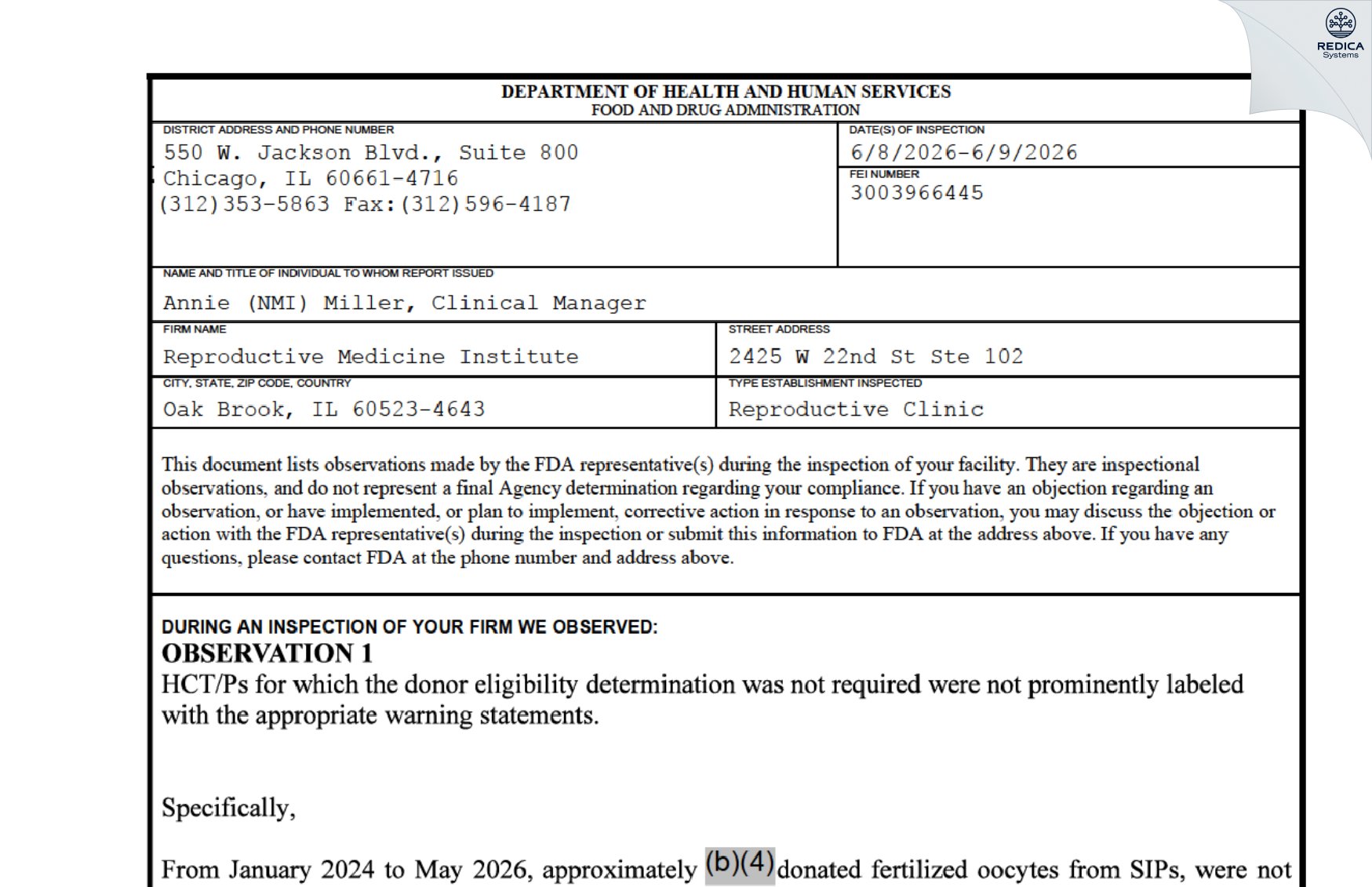 FDA 483 - Reproductive Medicine Institute [Oak Brook / United States of America] - Download PDF - Redica Systems