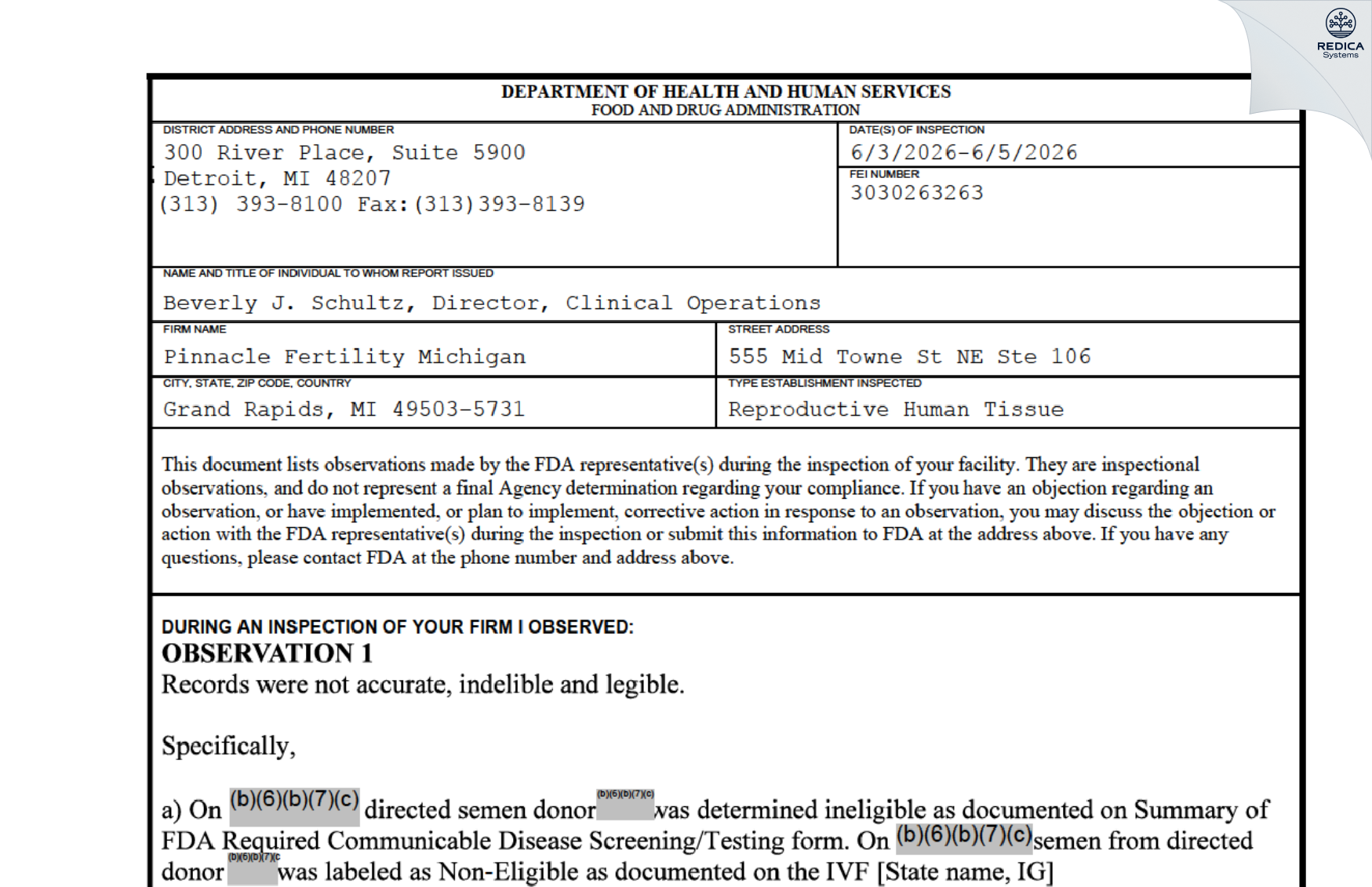 FDA 483 - IVF Michigan

 [Grand Rapids / United States of America] - Download PDF - Redica Systems