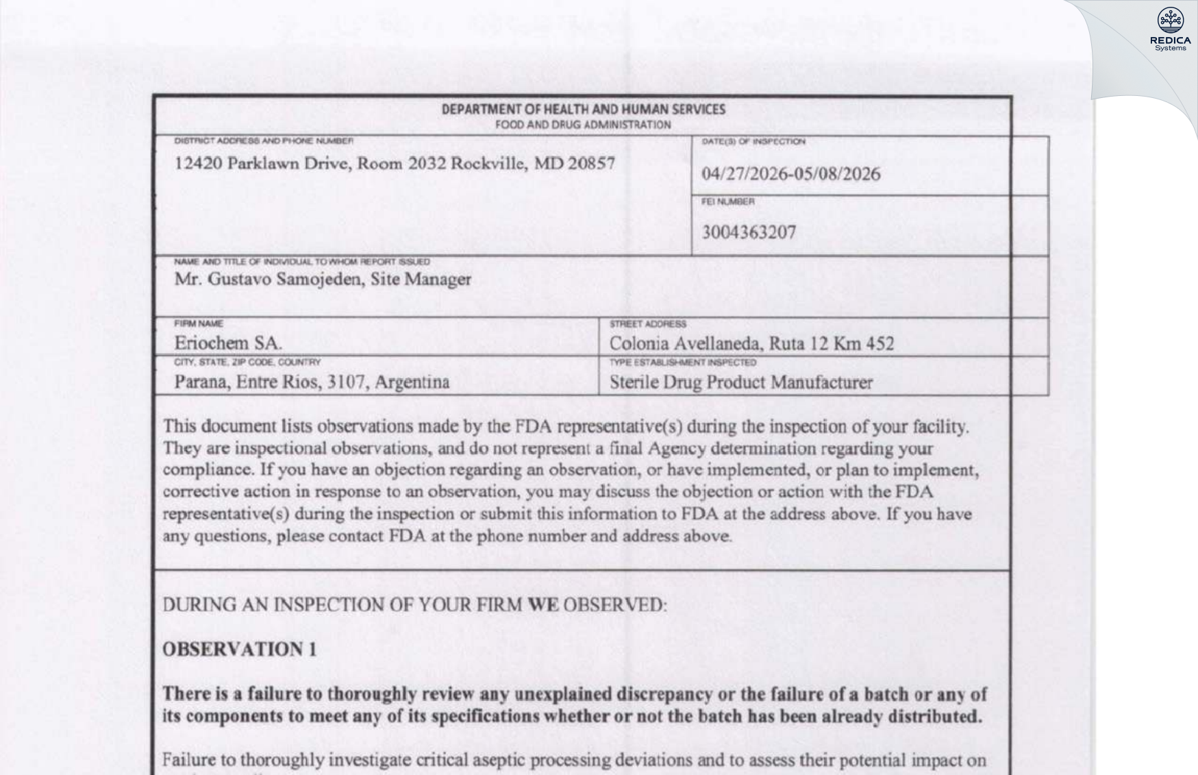 FDA 483 - Eriochem S.A. [Colonia Avellaneda / Argentina] - Download PDF - Redica Systems