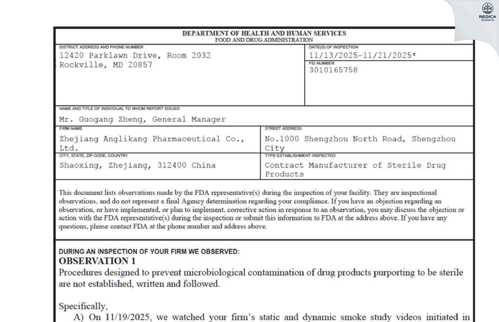 FDA 483 - Zhejiang Anglikang Pharmaceutical Co., Ltd. [Shengzhou / China] - Download PDF - Redica Systems