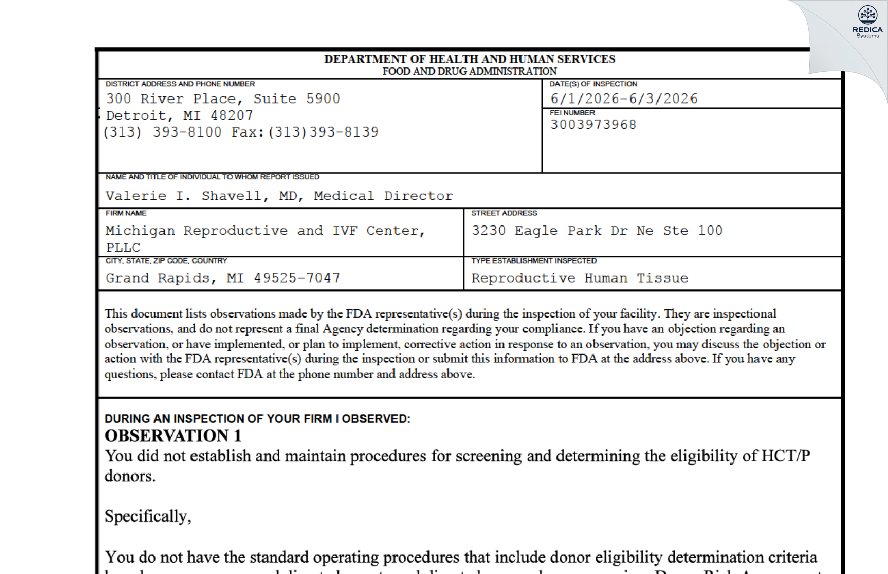 FDA 483 - Michigan Reproductive and IVF Center, PLLC [Grand Rapids / United States of America] - Download PDF - Redica Systems